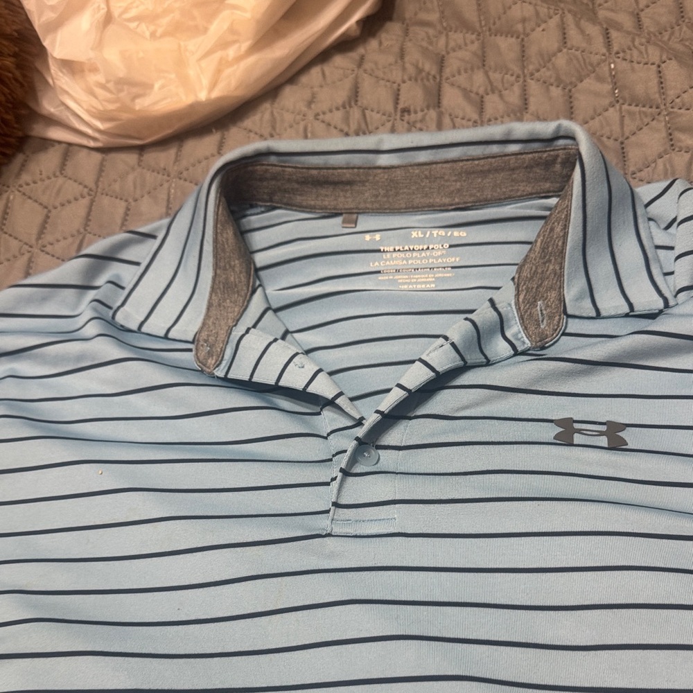 Under Armour Men's Light Blue Polo with Black Stripes